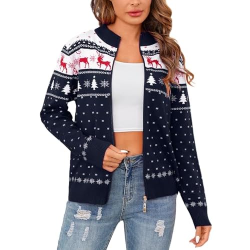 Totatuit Womens Long Sleeve Knitted Zip Up Sweater Cardigans Sweaters Lightweight Zipper Sweatshirts Jacket Small Christmas Navy Blue