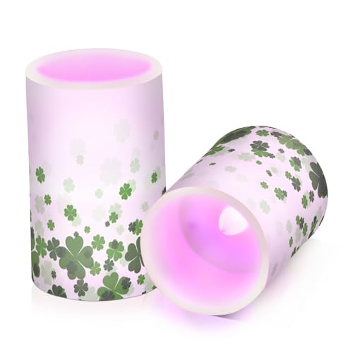 Image of ALAZA St Patricks Day Clover Flickering Flameless Candles Battery Operated with Remote Timer,Tea Light Candles LED Pillar Votive Candles Set of 2 for Outdoor Indoor Decorations11