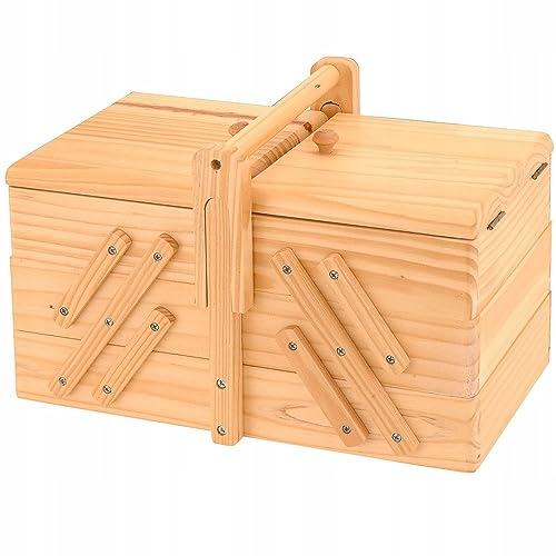 3 Tier - 5 Compartment - Wooden Sewing Storage Box Basket with Carry Handle - Length: 30cm - Width: 16cm - Height: 14cm