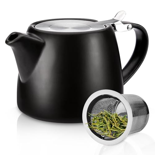 PORFOYO Théière avec infuseur à thé en céramique 500 ml avec infuseur amovible en acier inoxydable et céramique - Infuseur à mailles fines - Porcelaine pour profiter plus longtemps du thé (noir)
