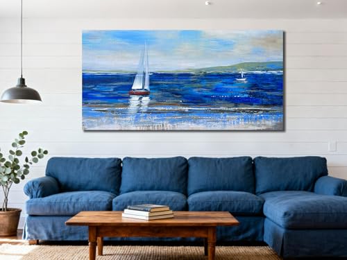 Ardemy Blue Abstract Canvas Wall Art for Living Room Sailboat Large Wall Decor Painting, Boat Picture Bedroom Textured Nautical Navy Blue Seascape Artwork Art for Home Office, 40"x20" - Image 2