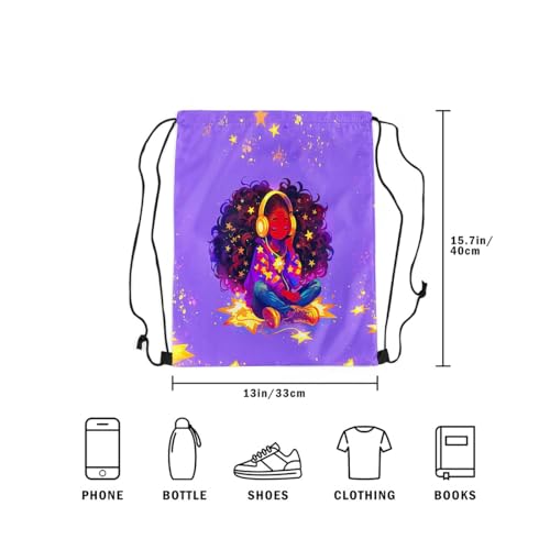Image of jejeloiu Cute Black Drawstring Backpack 13x15.7inch African American Waterproof Gym Drawstring Bags Music Sports String Backpack Beach Swim Travel Bag Sackpack(No Glitter