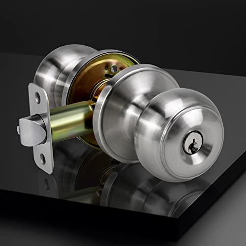 Loqron Keyed Entry Door Knob For Entrance, Front Doorknob With Lock And Key For Exterior & Interior Right And Left Side Bedroom, Living Room, Satin Nickel,1 Pack #TOP1