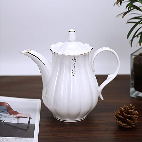 ufengke 51oz Blanco Cafetera de Cerámica,Volantes con Lado Dorado Tetera de Porcelana,Gran Capacidad Cafetera de Forma… - Imagen 4