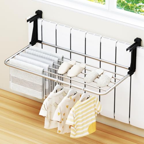 Image of Tangkula Portable Clothes Drying Rack, Extendable Radiator Clothes Airer with Robust Aluminum Frame for Balcony Railings Windowsill, Folding Towel Rack for Indoor & Outdoor Use (Large)