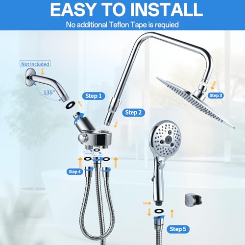 High Pressure Rain Shower Head Combo: Upgrade Dual Shower Head,10" Fixed Rainfall Showerhead,7 Spray Handheld Shower Heads,Adjustable Bar(Up to 13.4"),71" Hose,Tall People Friendly,Chrome by VXV - Used condition - Image 7