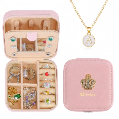 U·helper Jewelry Boxes & Organizers| Initial Travel Jewelry Box Case| Gold Initial Necklaces for Women | Personalized Pink Jewelry Organizer| Graduation Travel Gifts, A-Pink