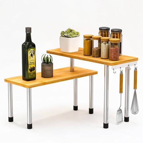 Image of ABJA Premium Kitchen Counter Top Organizer, Shelf Rack for Kitchen Storage, Wooden Corner Shelf, 2 Tier Spice, Oil Stand, Tabletop Adjustable Rack (Golden Brown, 2 Tier)