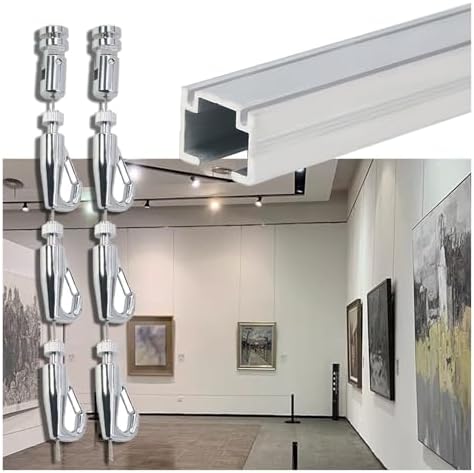 Adjustable Silver Gallery Hanging System Kit - Canvas Art & Artwork Display Rail with 2 Wires, 6 Hooks, 0.5m & 1.4m Tracks - Ideal Home Decor Solution