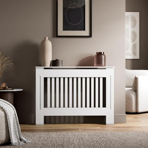 Image of RADIANT LIVING Radiator Cover Vertical Slat Design, Modern White MDF Radiator Cabinet for Living Room & Bedroom, Medium 112 x 81.5 x 19cm