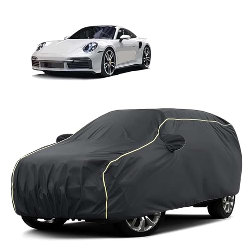 Image of Sulfar 100% Water Resistant Car Body Cover Compatible with Mirror for Porsche 911 Carrera (Triple Stitched, Full Bottom Elastic, Dark Grey Tafetta with Yellow Piping)
