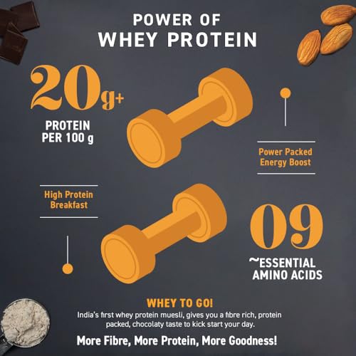 Bagrry's Whey Protein Muesli 750g | 20g+ Protein | Chocolate Flavour | Whole Oats, Whey Protein, Californian Almonds & Bran | Breakfast Cereal | High Protein & Fibre | Premium American Whey Muesli