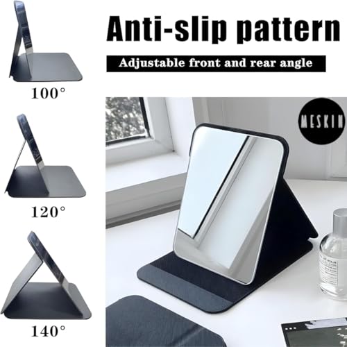 Image of MESKIN Portable Tablet Style Makeup Mirror with Foldable Stand | Compact Folding Free Hand Standing Mirror | Travel Friendly Vanity Mirror with PU Flap Cover (Pack of 1, Black)