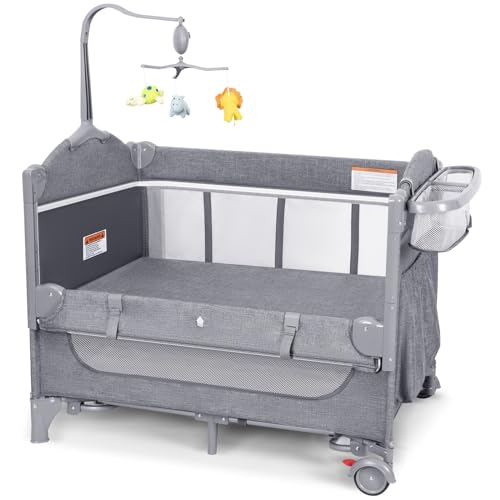 Image of 5 in 1 Convertible Pack and Play Baby Crib Bassinet with Mattress, Baby Bassinets Bedside Sleeper from Newborn to Toddlers, Baby Playpen Play Yard with Diaper Changing Table, Music Box, Hanging Toys