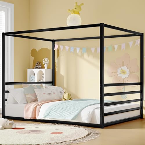 Bellemave Canopy Floor Bed with 4 Posters, Metal Queen Size Montessori Floor Bed with Headboard, Anti Bump Design, Easy Assemble Montessori Beds, Queen, Black