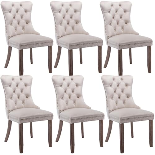 ModernLuxe Upholstered Velvet Dining Chairs Set of 6, Button Tufted Kitchen Chairs with Solid Wood Legs, Riveted Trim and Knocker Ring, Suitable for Living Room Dining Room, Beige