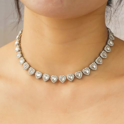 Rhinestone Hearts Necklace, Iced Out Hearts Jewelry，Silver Tennis Necklace For Women，Tennis Necklaces For Women, Hearts Tennis Necklace3