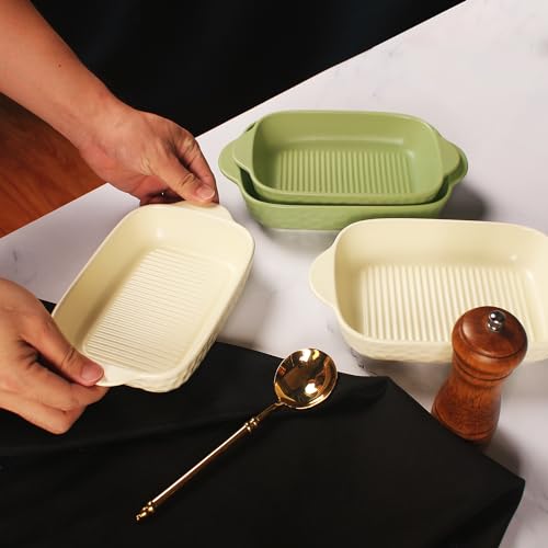 7" x 4.5" Rectangular Porcelain Baking Dish Set,Au Gratin Dishes,Casserole Dish, Ramekins 16 oz Bakeware Set of 2, Lasagna Pans for Cooking, Cake Dinner,Kitchen, Carry Handles Beige