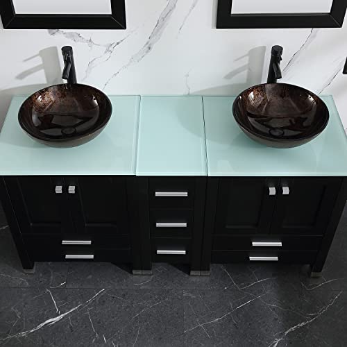 Sliverylake 60" Black Mdf Double Sink Bathroom Vanity Storage Cabinet And Vessel Sink Bowl With Mirrors Faucet Drain Combo(Gold) #TOP7