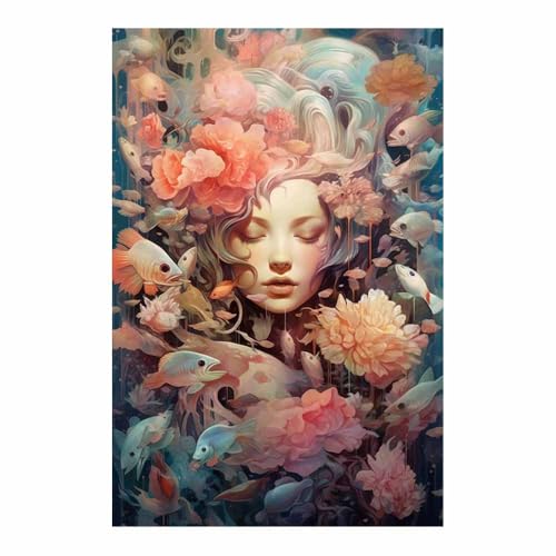 Poster Renaissance femme poisson fleurs rose corail 70x100cm