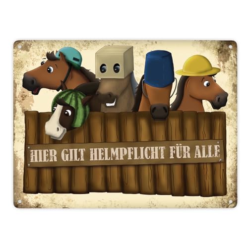 Hier gilt Helmpflicht für alle Metallschild XXL mit Pferde Motiv