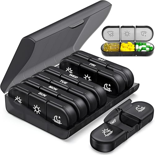 Portable Pill Organizer 3 Times a Day for 1 Week (Black) Light Proof Pill Case with Large Compartments Travel Friendly Medicine Organizer for Vitamins Pills Fish Oils Medication & Supplements