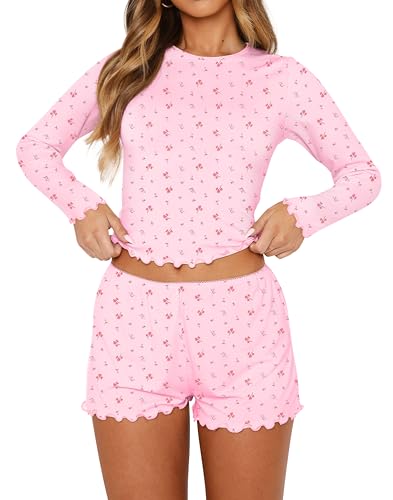 Image of Lacozy Cute Pj Sets for Woman Y2k Sexy Pajamas for Women Set Floral Crop Top and Short Set Long Sleeve Sleepwear Pink S