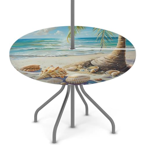 Tablerazzi Seashell Beach Round Outdoor Tablecloth with Umbrella Hole and Zipper Green Palm Tree Fitted Tablecloth Wipeable Table Cover for Picnic Garden, 36''-44''