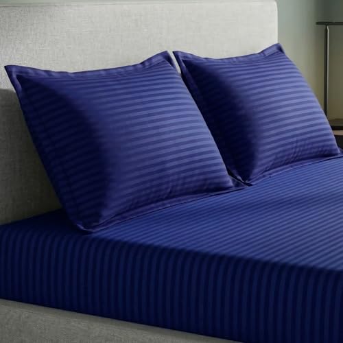 Image of Home Sizzler 300TC Cotton Blue Satin Striped Double Bedsheet with 2 King Size Pillow Covers, 90 inchX92 inch