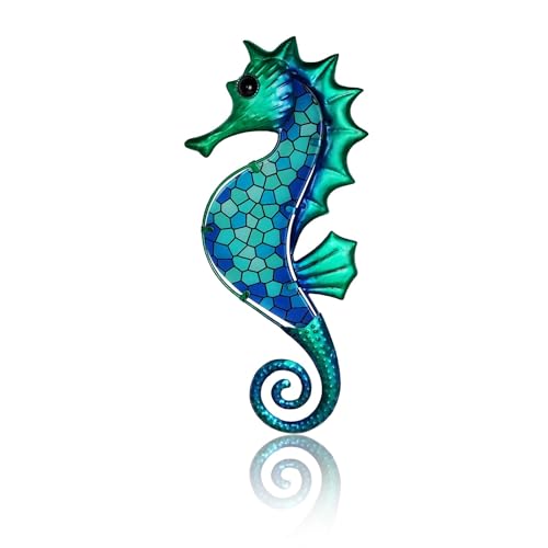 LIFFY Metal Seahorse Wall Art Mosaic Glass Ocean Wall Decor Coastal Sculpture Hanging Decoration for Home Garden Fence Pool Beach Bathroom