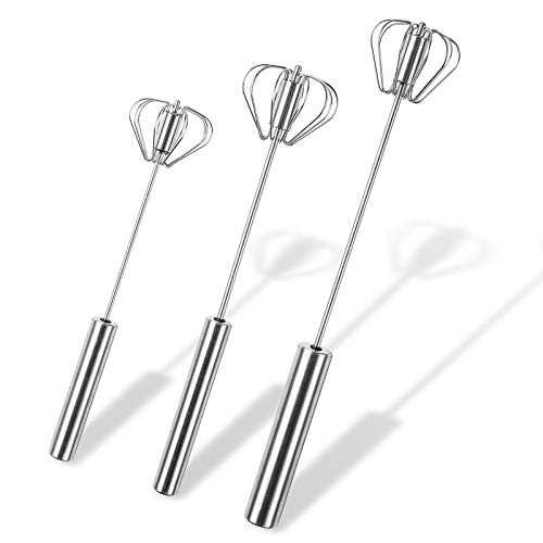 Molizummy 3 Packs Stainless Steel Semi-automatic Wire Egg Whisks Sturdy Milk Frother Hand Mixer Push Rotary Whisk Blender Kitchen Utensils Set for Cooking Beating Stirring Baking 3 Sizes