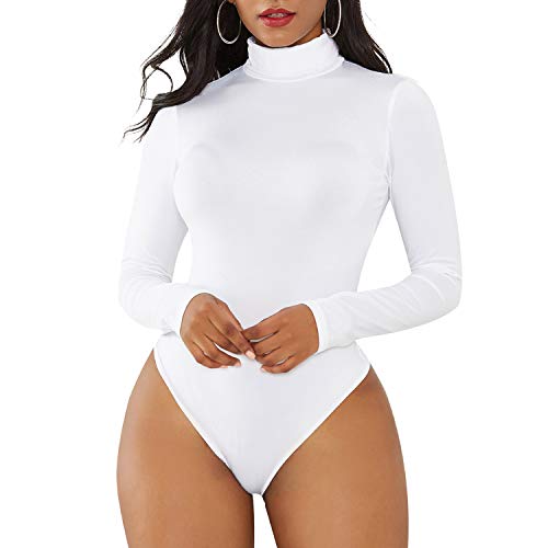 Zando Bodysuit for Women Mock Turtleneck Long Sleeve White Sexy Bodysuit Lingerie Women Stretchy Leotard Tank Top 1 White Large