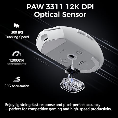 Image of MCHOSE G3 V2 Wireless Gaming Mouse, Symmetrical, PAW3311, 12K DPI, Tri-Mode Connection, Wireless /Wired 1K Polling, 59g Weight, 800mAh Battery - White