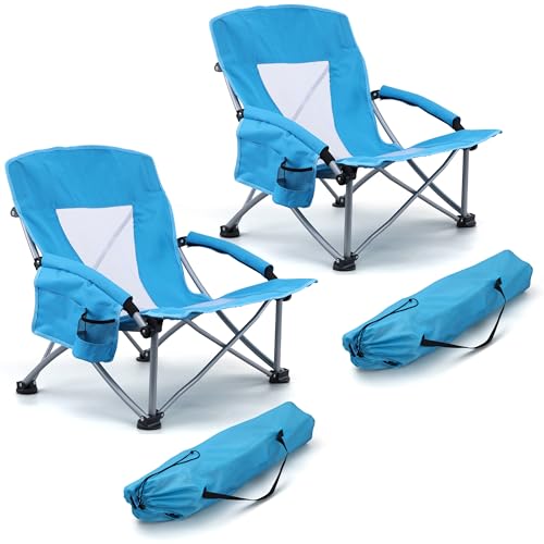 Image of HaSteeL Low Beach Chairs for Adults, Lightweight Camping Folding Chair with Carrying Bag, Portable for Outdoors Lawn Backyard Patio RV Trip Fishing Sport Tailgating, Support 300LBS, Blue, 2 Pack
