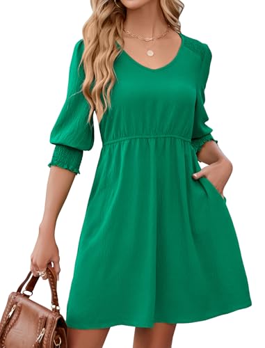 Soucrat Womens Short Sleeve Tunic Dresses V Neck Swing Shift Dress with Pockets Spring Summer 2025 Dark Green M