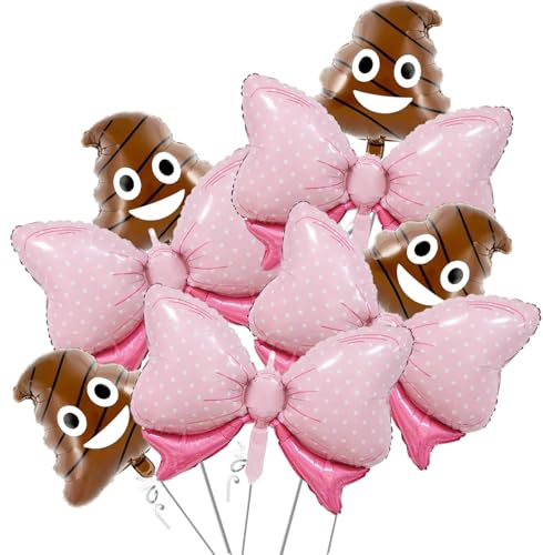 8PCS Helium Foil Poop Balloon, Bow Balloon for Bow and Poop Baby Shower Decoration, Baby Poop Gender Reveal Party Decor, Funny Show Girl Birthday Party Decoration