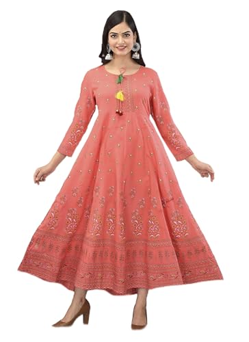 Image of Aj Art Anarkali Kurti for Women and Girls Floral Golden Print Regular Slim Fit Rayon Blue (Set of 1)