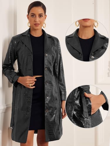 Allegra K Pu Leather Long Trench Coat with Belt for Women's Casual Lapel Open Front Faux Leather Jackets2