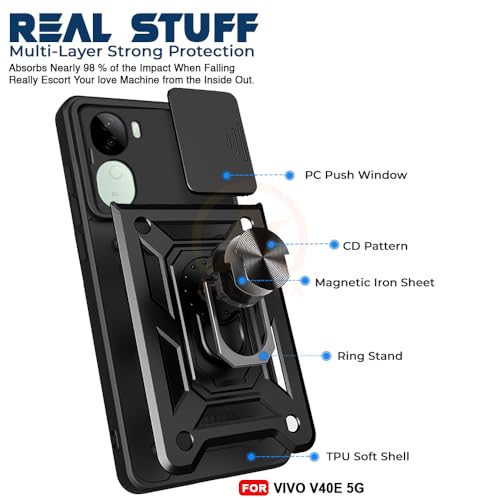 Image of Armor Bumper Back Cover Case for Vivo V40E 5G / iQOO Z9S 5G | Rotating Camera Cover, Ring Holder & Kickstand | Heavy Duty & 360 Degree Protection Vivo V40E 5G / iQOO Z9S 5G Back Cover (Black)