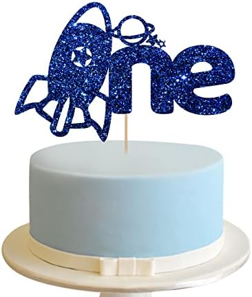 Rocket One Cake Topper, Blue Glitter Cake Topper for 1st Birthday/Baby Shower Party Supplies, Rocket First Birthday Party Decorations
