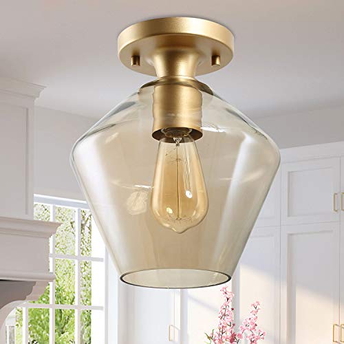 Best Deal Cheap 🛒 KSANA Gold Semi Flush Mount Ceiling Light for Bedroom, Bathroom, Kitchen, Closet, Dining Room, Hallway, Foyer (8 1/2" Top-Shaped with Smoky Glass Shade)