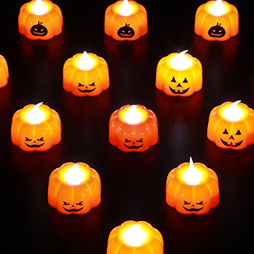 Retisee 24 Pieces Halloween Pumpkin Flameless Tea Light Candles 3D Pumpkin Ghost Face Candle Small Pumpkin Tea Light Warm White Flickering Pumpkin Lights for Home Halloween Holiday Party Decor Supply