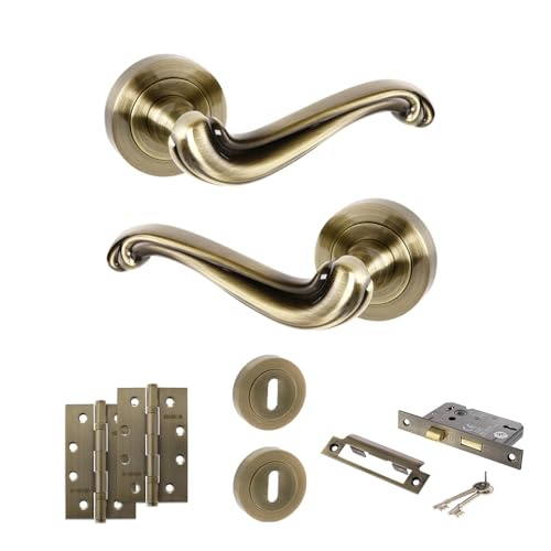 KOOPLES HARDWARE Old English Colchester Lever Door Handle on Round Rose Door Pack with Eurolock & Sashlock Set Fixings Included (2.5" - Sashlock Set, Antique Brass, 4" Slim Knuckle Hinges x2)