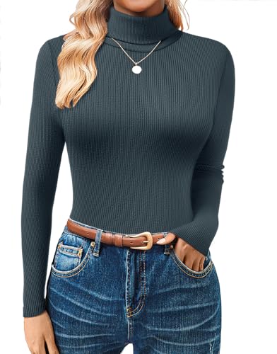 GKBK Women's Turtleneck Sweaters Fitted Long Sleeve Ribbed Shirts Lightweight Thermal Underwear Warm Layering Tops Fall Outfits 2025 Trendy Navy Blue