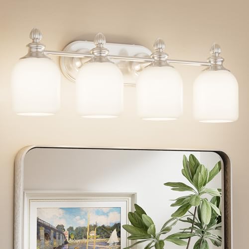 Keonjinn Brushed Nickel Bathroom Light Fixtures, 4-Light Vintage Vanity Lights for Mirror with Frosted Glass Shades, UL Listed E26 Base Reversible Vanity Lighting Fixtures for Wall(Bulbs Not Included) by Keonjinn - Used condition - US$64.57