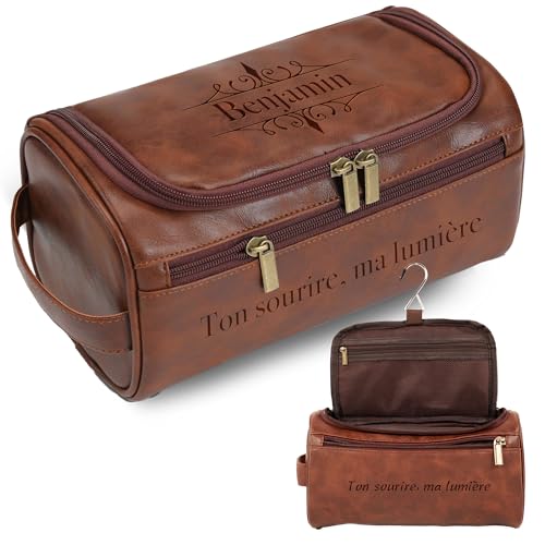 Easycosy - Easycosy Trousse de Toilette Homme Personnalisée -Cadeau Homme Noël- Sac Organisateuer de Toilette Trousse avec Crochet en Cuir pour Voyage Gym Business Vacance Idee Cadeau Homme Original Papa Papy