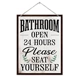 Bathroom Humor Wood Signs, Toilet Decor Sign, Decorative Wooden Wall Plaque, Modern Farmhouse Home Decor for Restroom, Bathroom Open 24 Hours Please Seat Yourself 7.9x10.2 Inches