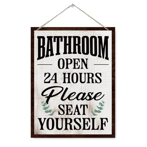 Bathroom Humor Wood Signs, Toilet Decor Sign, Decorative Wooden Wall Plaque, Modern Farmhouse Home Decor for Restroom, Bathroom Open 24 Hours Please Seat Yourself 7.9x10.2 Inches