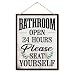 Bathroom Humor Wood Signs, Toilet Decor Sign, Decorative Wooden Wall Plaque, Modern Farmhouse Home Decor for Restroom, Bathroom Open 24 Hours Please Seat Yourself 7.9x10.2 Inches
