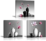 Flower Wall Art pour salle de bain Hallway, Piy Painting Élégante rchid Still Life Canvas Painting Imprimés, Magnolia en noir et blanc Vases Photo (Décor étanche, prêt à accrocher, 12x12 x3)